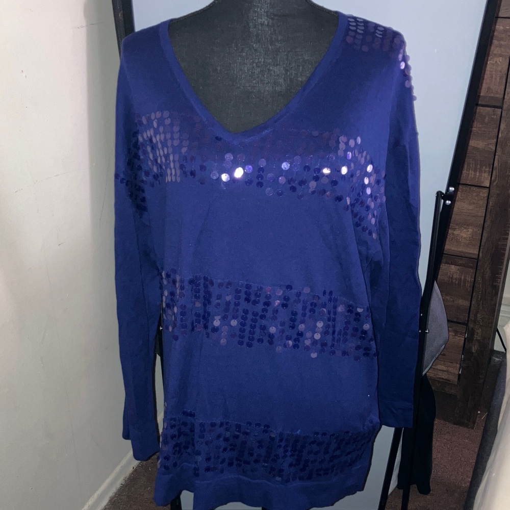 DKNYC Long Sleeve V-Neck Top - Purple Sequin